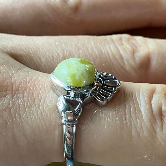 Natural Connemara Marble Sterling Silver Heart Claddagh Ring Size 8 - Picture 3 of 9